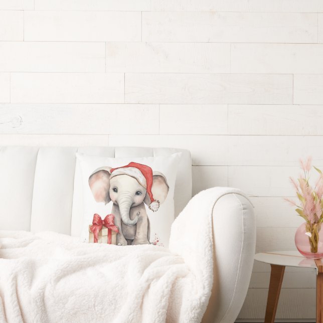 Watercolor Christmas Elephant Throw Pillow (Couch)