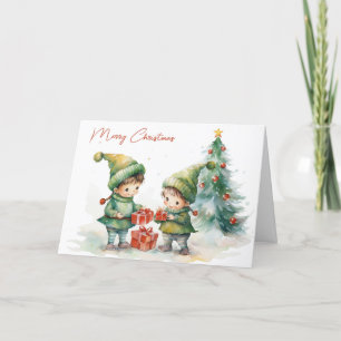 Watercolor Christmas Elves Holiday Card