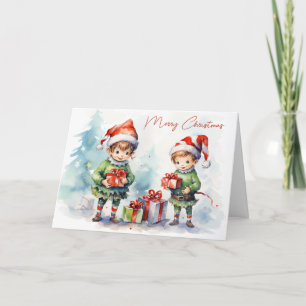 Watercolor Christmas Elves With Gifts Holiday Card