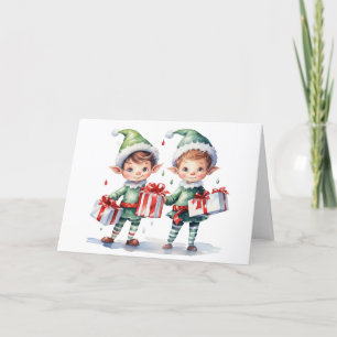 Watercolor Christmas Elves With Gifts Holiday Card