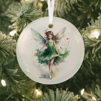 Watercolor Christmas Fairy Glass Ornament