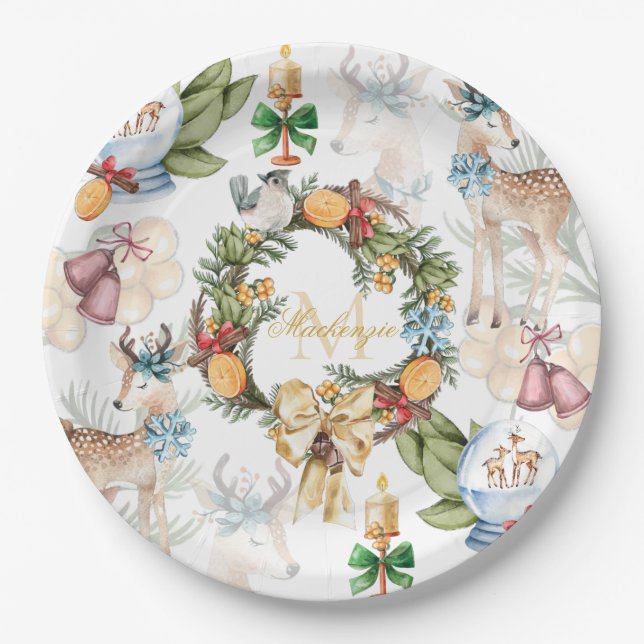 Watercolor Christmas Family Name Paper Plate (Front)