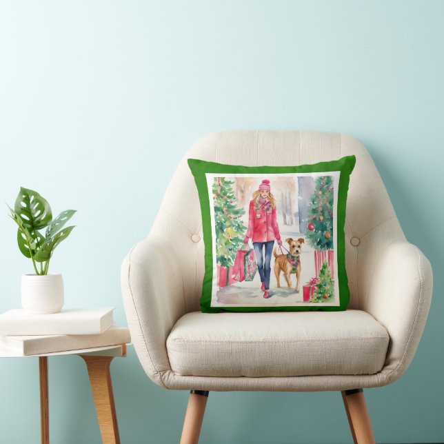 Watercolor Christmas Fashion Shopping Girl Throw Pillow (Chair)