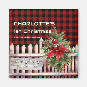 Watercolor Christmas Fence Buffalo Plaid Magnet