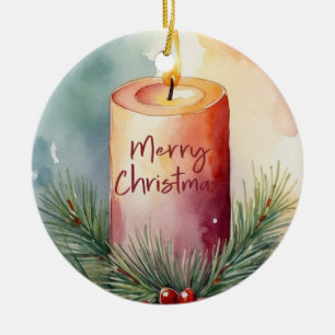 Watercolor Christmas Festive Candle Illustration  Ceramic Ornament