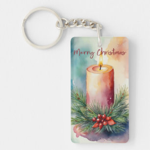 Watercolor Christmas Festive Candle Illustration Keychain