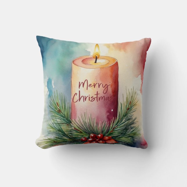 Watercolor Christmas Festive Candle Illustration  Throw Pillow (Front)