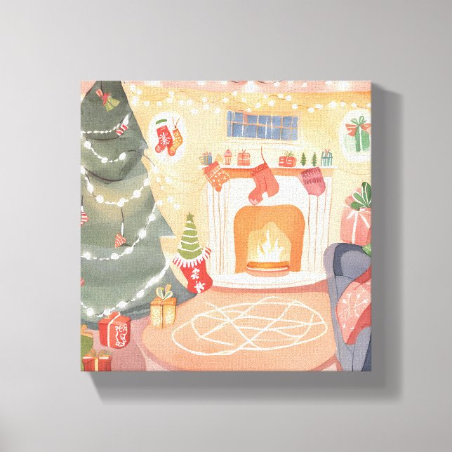 Watercolor Christmas Fireplace Canvas Print (Front)