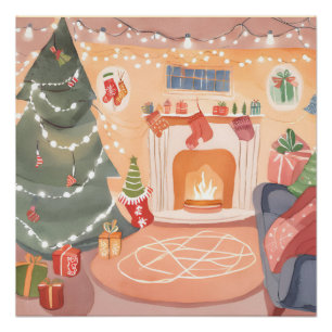 Watercolor Christmas Fireplace Poster