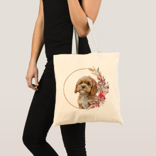 Watercolor Christmas Floral Dog Design Tote Bag