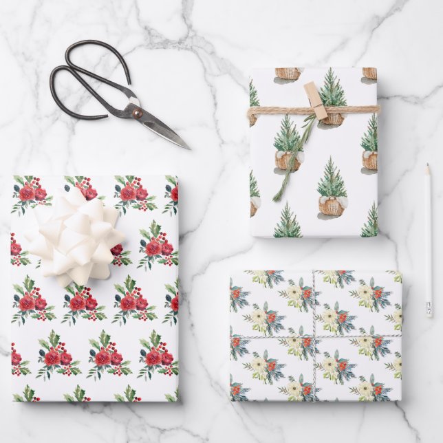 Watercolor Christmas floral pine tree Wrapping Paper Sheet (Front)