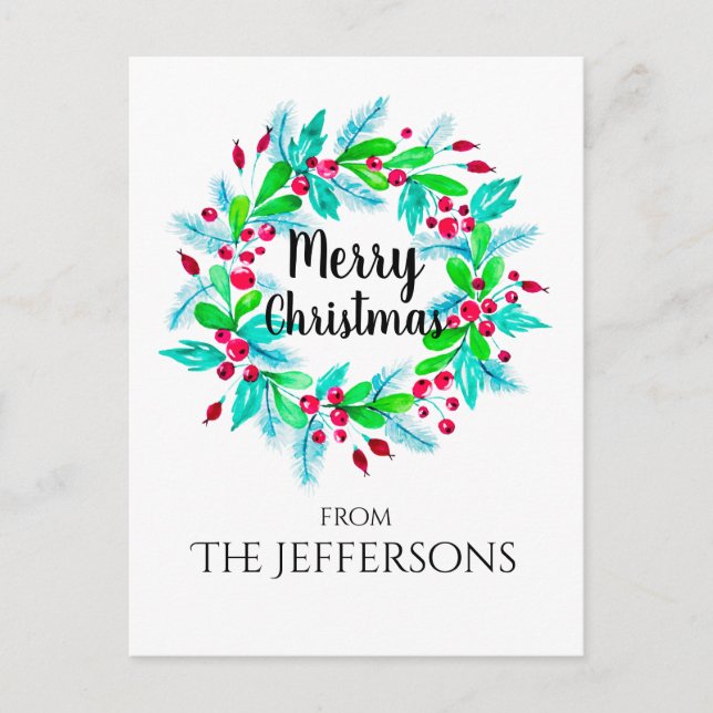 Watercolor Christmas Floral Wreath Merry Christmas Holiday Postcard (Front)