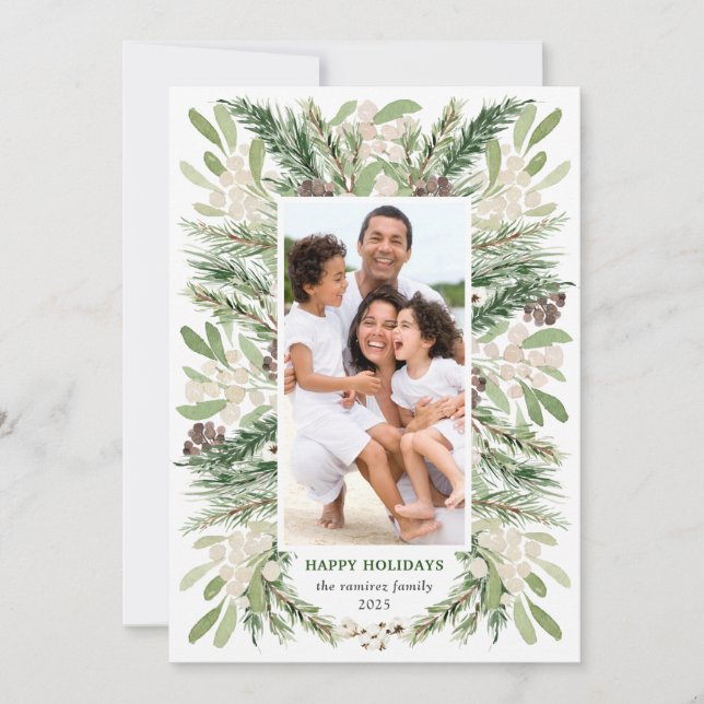 Watercolor Christmas Florals Holiday Photo Card (Front)