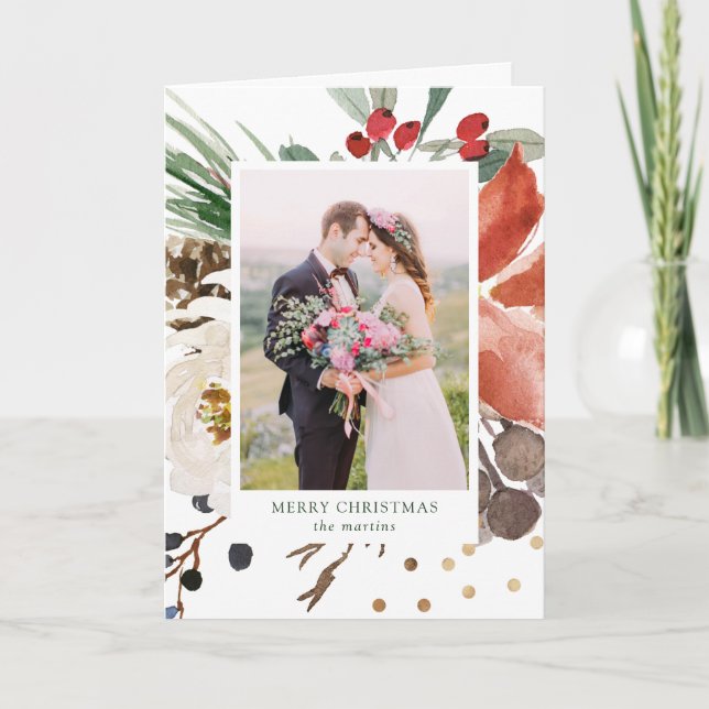 Watercolor Christmas Flowers with your Photo Holiday Card (Front)