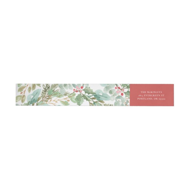 Watercolor Christmas Foliage and Berry Pattern Wrap Around Label (Individual)