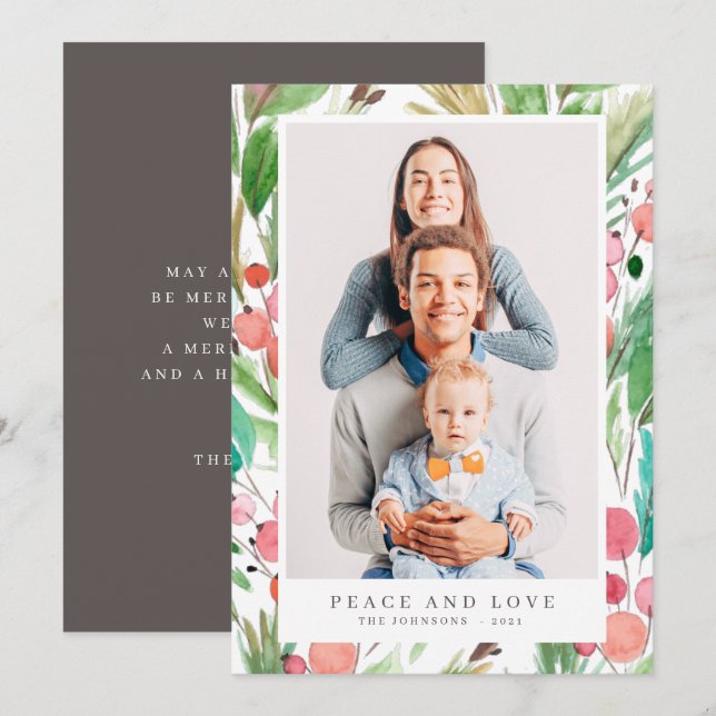 Watercolor Christmas Foliage Botanicals Modern Holiday Card (Front/Back)