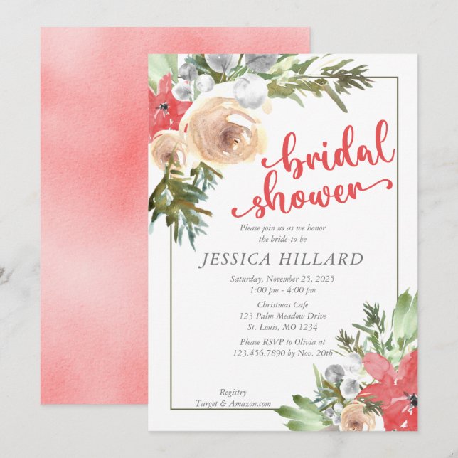 Watercolor Christmas Foliage Bridal Shower Invitation (Front/Back)