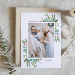 Watercolor Christmas Foliage Frame Photo Holiday Card<br><div class="desc">Happy holidays! Send holiday wishes to family and friends with this greenery holiday card. It features watercolor illustration of hollies,  pine needles and eucalyptus and evergreen with classic typography. Personalize by featuring your favourite photo and adding names and message. Matching items are available.</div>