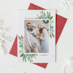 Watercolor Christmas Foliage Frame Photo Holiday Card<br><div class="desc">Happy holidays! Send holiday wishes to family and friends with this greenery holiday flat card. It features watercolor illustration of hollies,  pine needles and eucalyptus and evergreen with classic typography. Personalize by featuring your favourite photo and adding names and message. Matching items are available.</div>