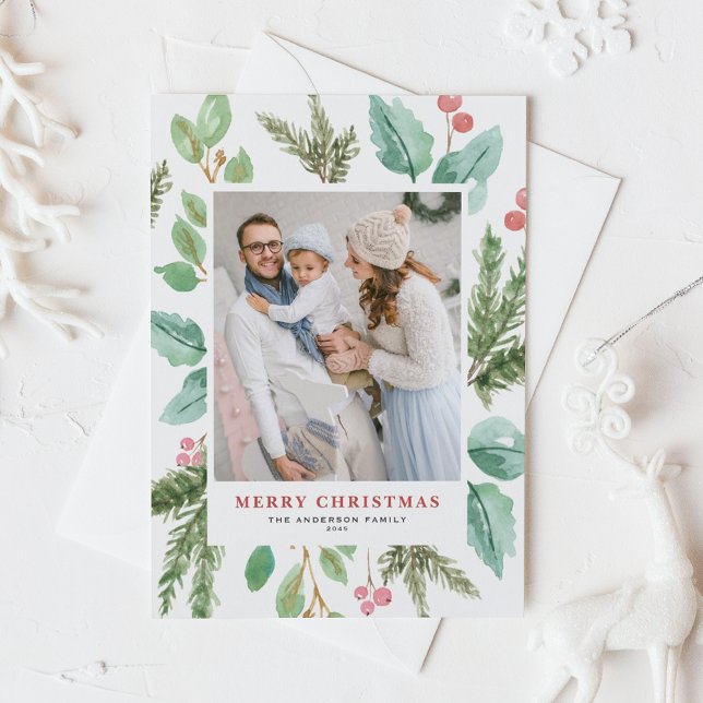 Watercolor Christmas Foliage & Holly Holiday Photo (Customizable photo Christmas postcard featuring watercolor frame of winter greenery and winterberry)