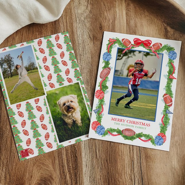 Watercolor Christmas Football Garland Photo Holiday Card (Creator Uploaded)