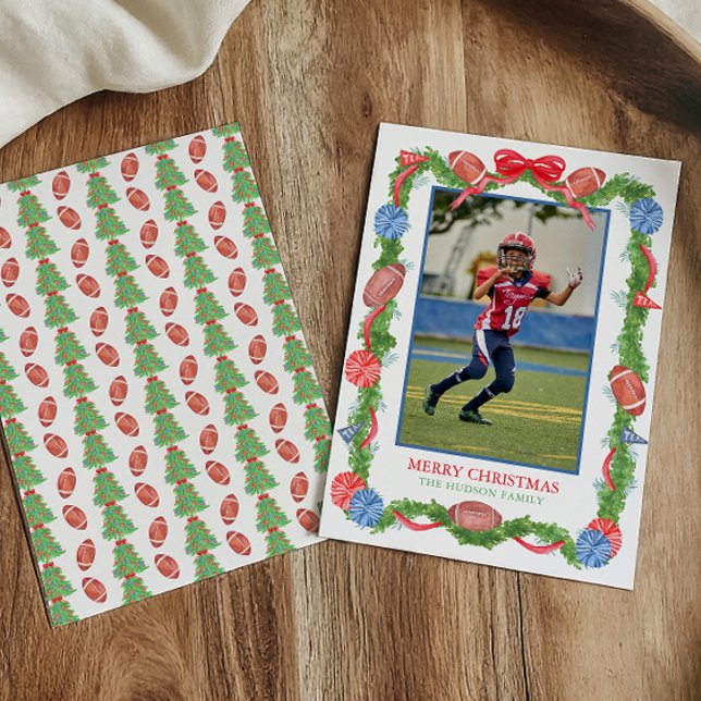 Watercolor Christmas Football Garland Photo Holiday Card (Creator Uploaded)