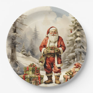 Watercolor Christmas Forest Santa with Presents Paper Plate