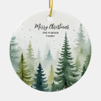 Watercolor Christmas Forest Trees Snowy Evergreen Ceramic Ornament