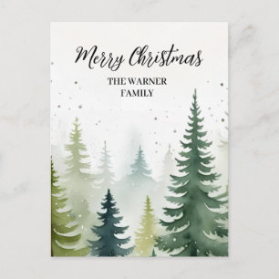 Watercolor Christmas Forest Trees Snowy Winter  Holiday Postcard