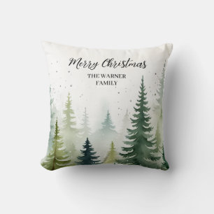 Watercolor Christmas Forest Trees Snowy Winter Throw Pillow
