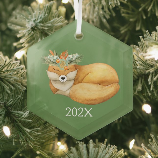 Watercolor Christmas Fox  Keepsake Year Glass Ornament (Insitu)