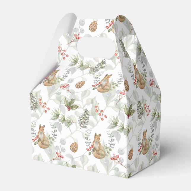 Watercolor Christmas Fox, Pine Branches, Berries  Favor Box (Front Side)