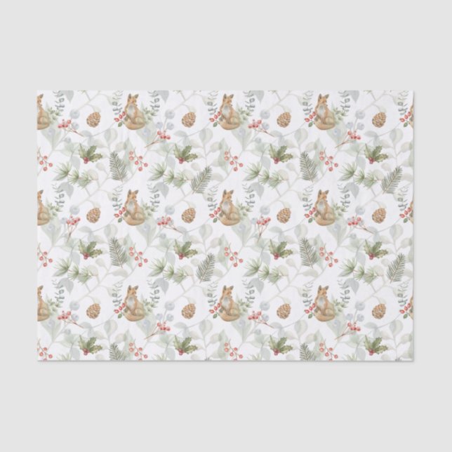 Watercolor Christmas Fox, Pine Branches, Berries   Tissue Paper (Front)