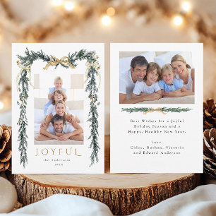 Watercolor Christmas Frame 2 Photo Gold Joyful Holiday Card