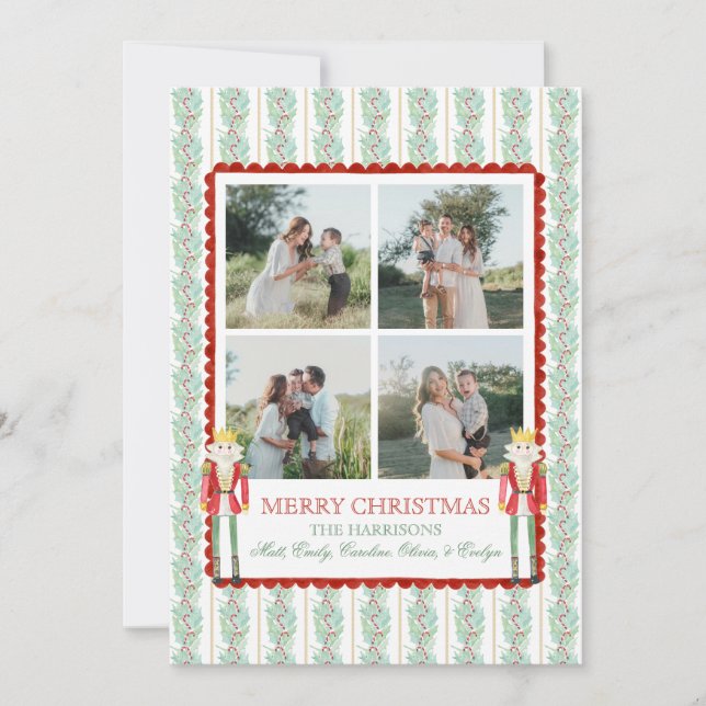 Watercolor Christmas Garland Nutcracker 4 Photos Holiday Card (Front)