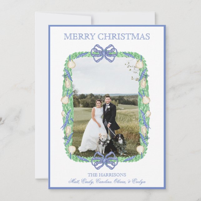 Watercolor Christmas Garland Stocking One Photo Holiday Card (Front)