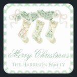 Watercolor Christmas Garland Stockings Vintage Square Sticker<br><div class="desc">Watercolor Christmas Garland Stockings Green Vintage Square Sticker.
This beautiful Christmas Sticker features watercolor Christmas garland with white bows and Bedford stockings. It is perfect if you are looking for classic,  southern,  grandmillenial Christmas stickers.
Message me for any need adjustments or matching items :)</div>
