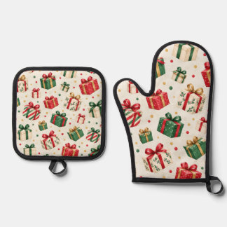 Watercolor Christmas Gift Box Pattern Oven Mitt & Pot Holder Set