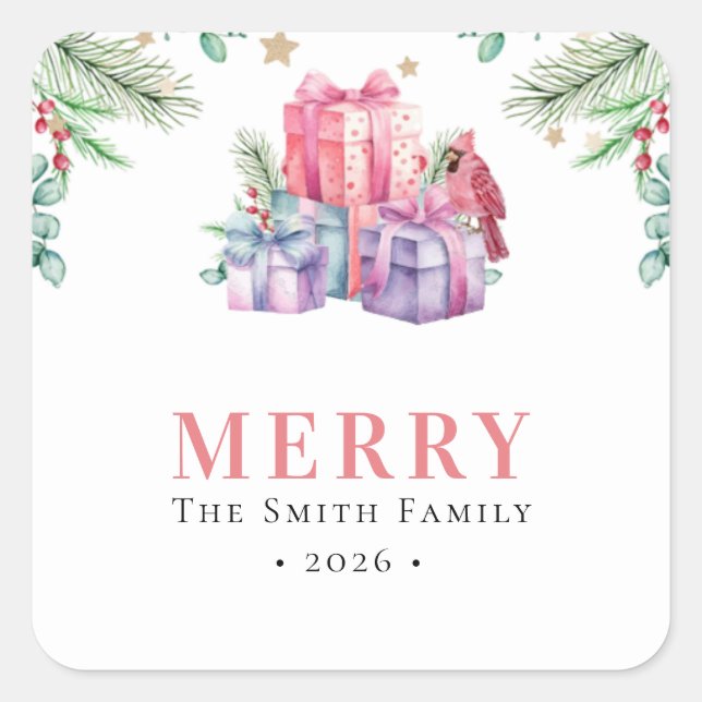 Watercolor Christmas gifts with bird Square Sticker (Front)