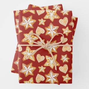 Watercolor Christmas Gingerbread Cookies Red Wrapping Paper Sheet