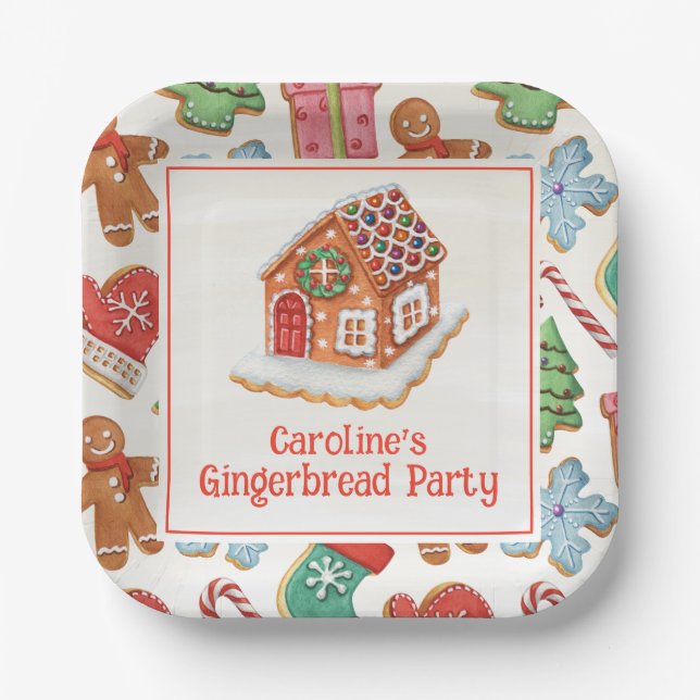 Watercolor Christmas Gingerbread House Cookies Paper Plate (Front)