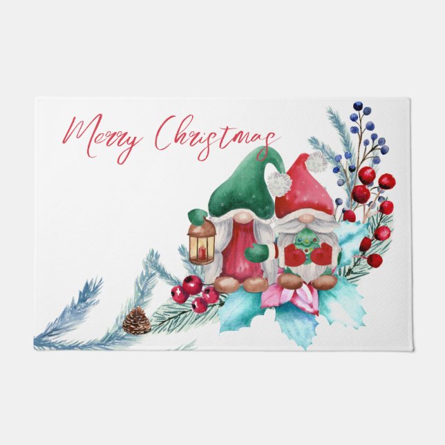 Watercolor Christmas Gnome Doormat (Front)