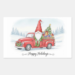 Watercolor Christmas Gnome on Red Vintage Truck wi Sticker