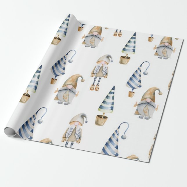 Watercolor Christmas Gnome Pattern Wrapping Paper (Unrolled)