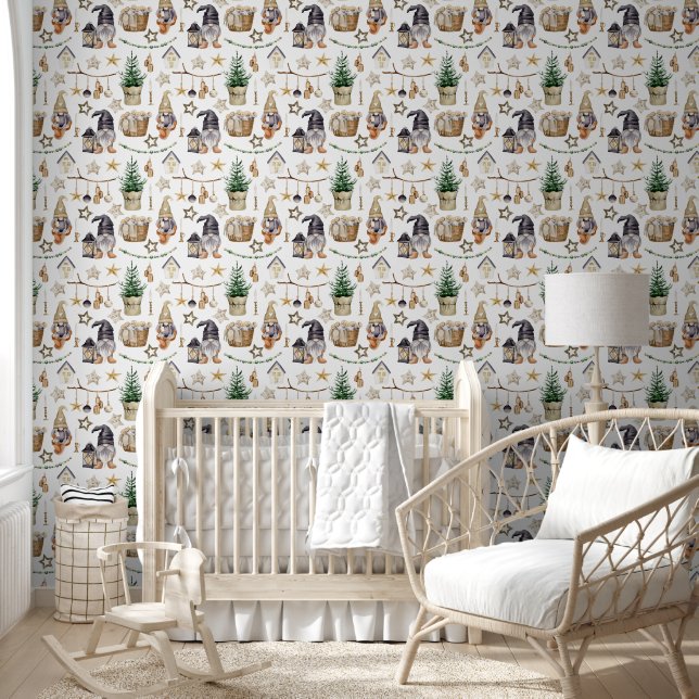 Watercolor Christmas Gnomes Black White Gold  Wallpaper (Kids)