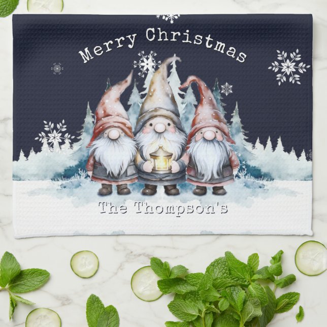 Watercolor Christmas Gnomes Personalized Kitchen Towel (Folded)