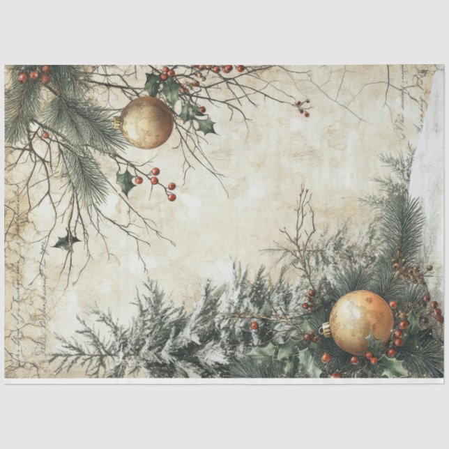 Watercolor Christmas gold ornament holly berry Tissue Paper (Front)