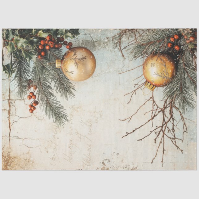 Watercolor Christmas gold ornament holly berry Tissue Paper (Front)