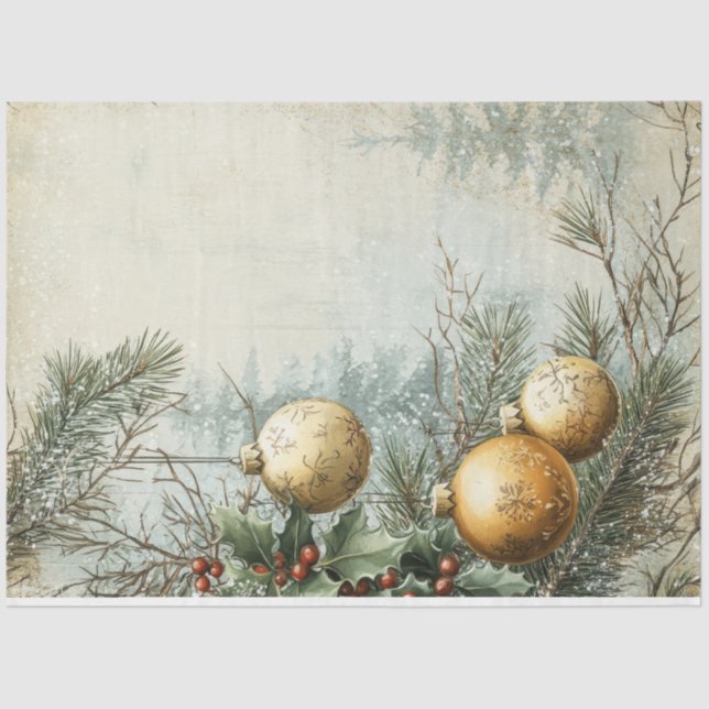 Watercolor Christmas gold ornament holly berry Tissue Paper (Front)