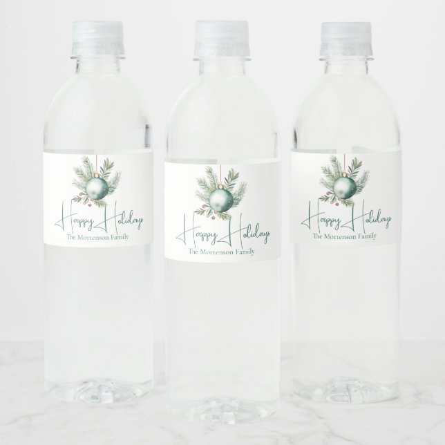Watercolor Christmas Green Ornament Holiday Party Water Bottle Label (Bottles)